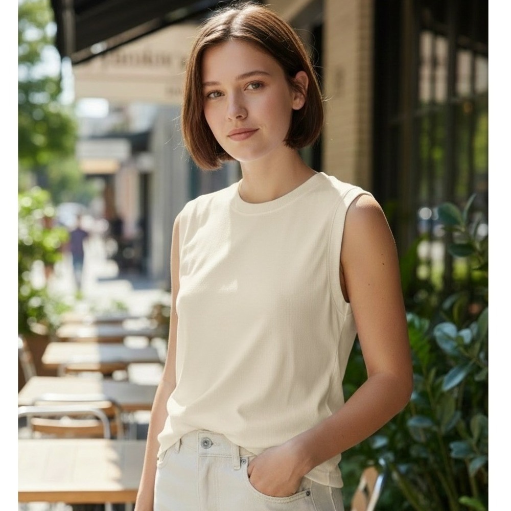 Jenni Kayne Sleeveless Knit Top Small Ivory Excellent Minimalist Muscle Tee